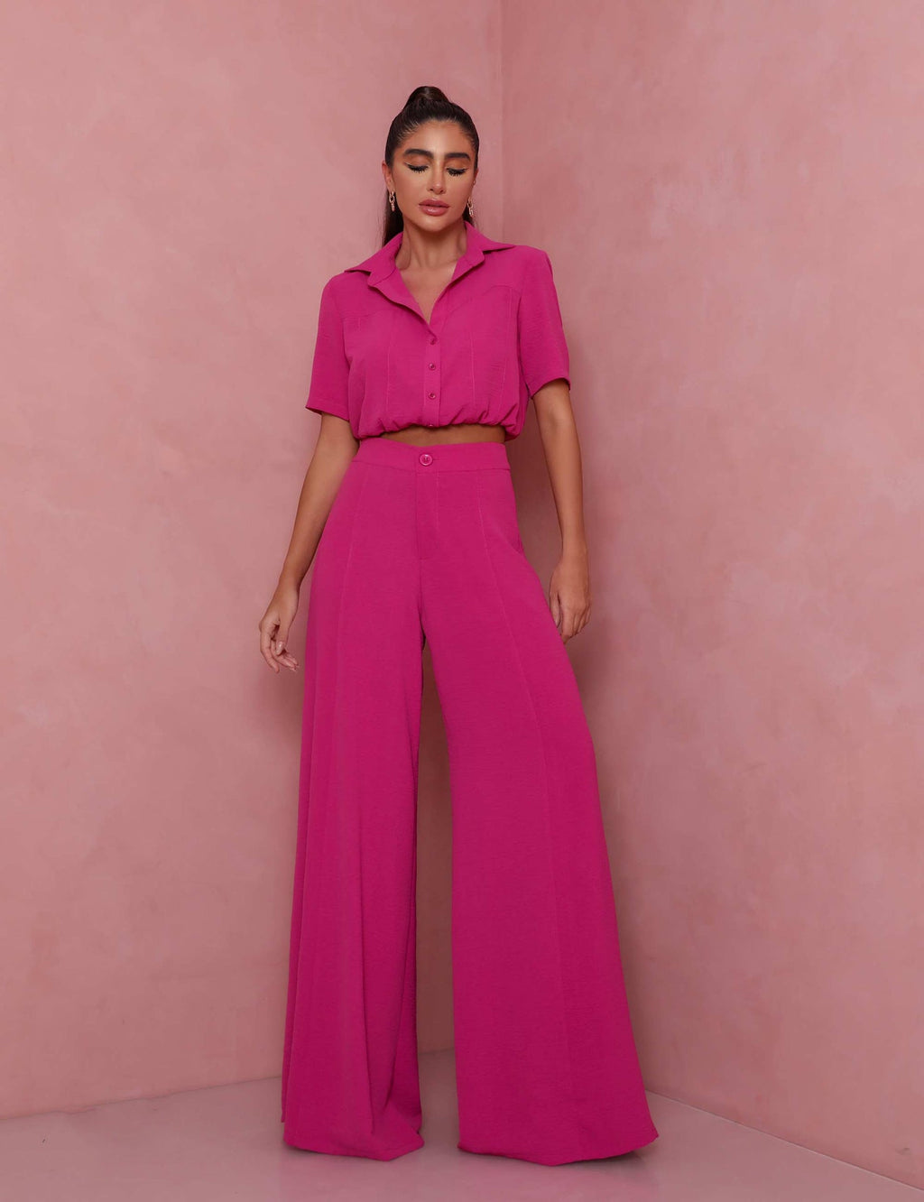 Women's Elegant Short-Sleeve Blouse and Palazzo Pants Ensemble