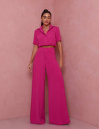 Women's Elegant Short-Sleeve Blouse and Palazzo Pants Ensemble