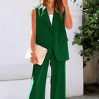 Women's Sleeveless Blazer Set with Wide-Leg Trousers