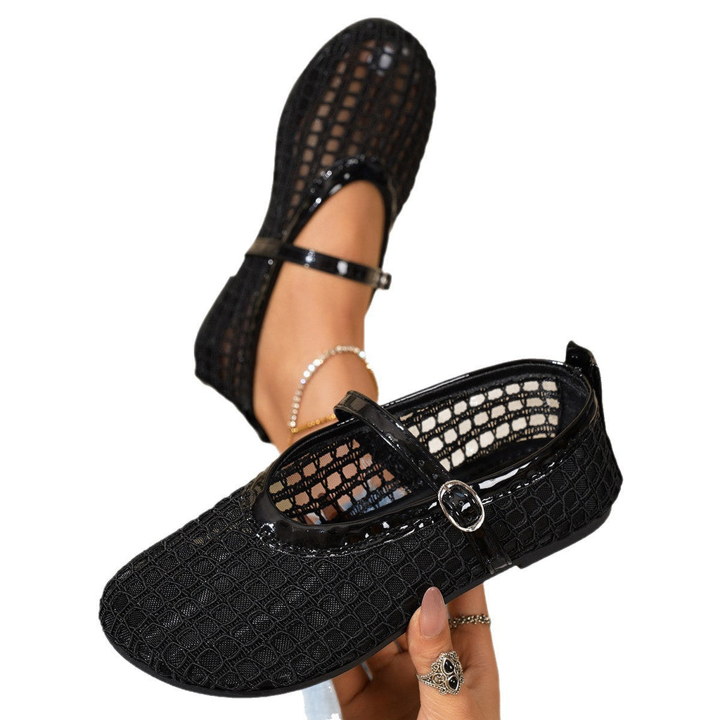 Women's Ballet Flats with Buckle Detail and Mesh Texture