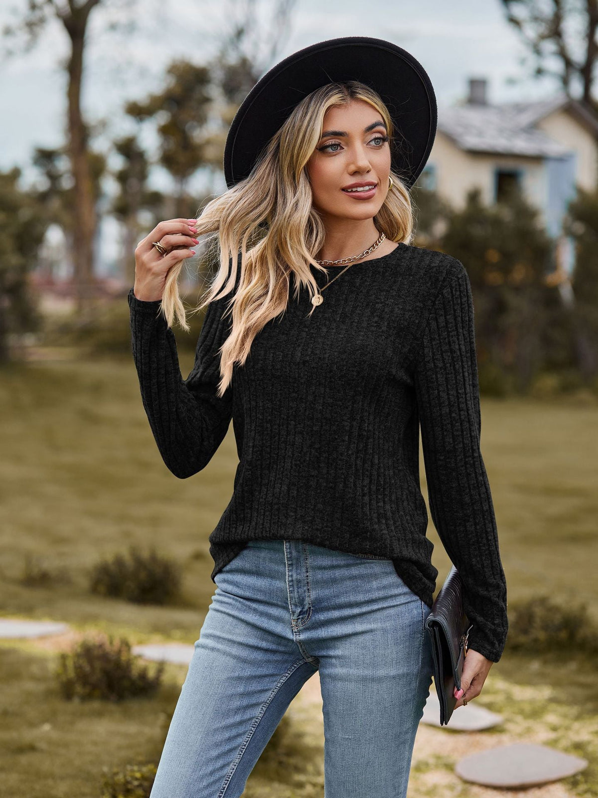 Women's Fine Knit Sweater with Ribbed Design and Relaxed Fit
