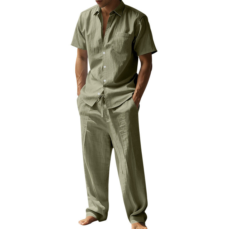 Men's resort-appropriate short-sleeve shirt with chest pocket and casual linen drawstring pants