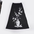 Women's Flared Maxi Skirt with Floral Vase Print