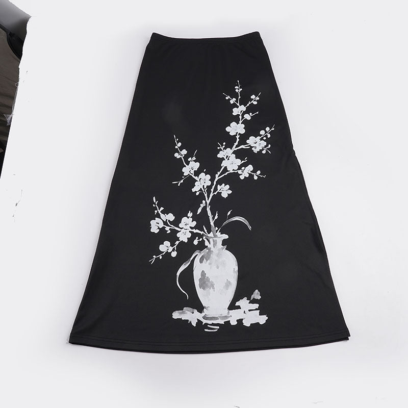 Women's Flared Maxi Skirt with Floral Vase Print
