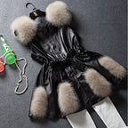 Women's Elegant Faux Leather Coat with Faux Fur Accents and Belt