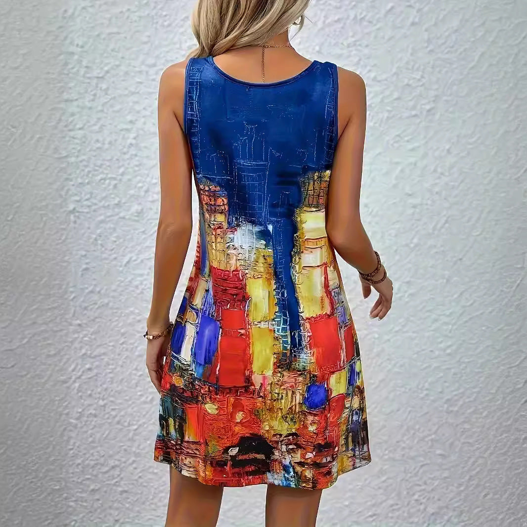 Women's Sleeveless Beach Dress with Artistic Motif