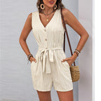 Women's Jumpsuit with V-Neck, Belt, and Button Details