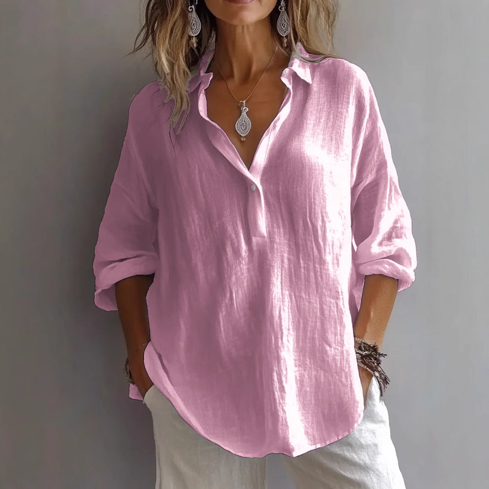 Women's Casual Linen Shirt with Button Placket and Wide Sleeves