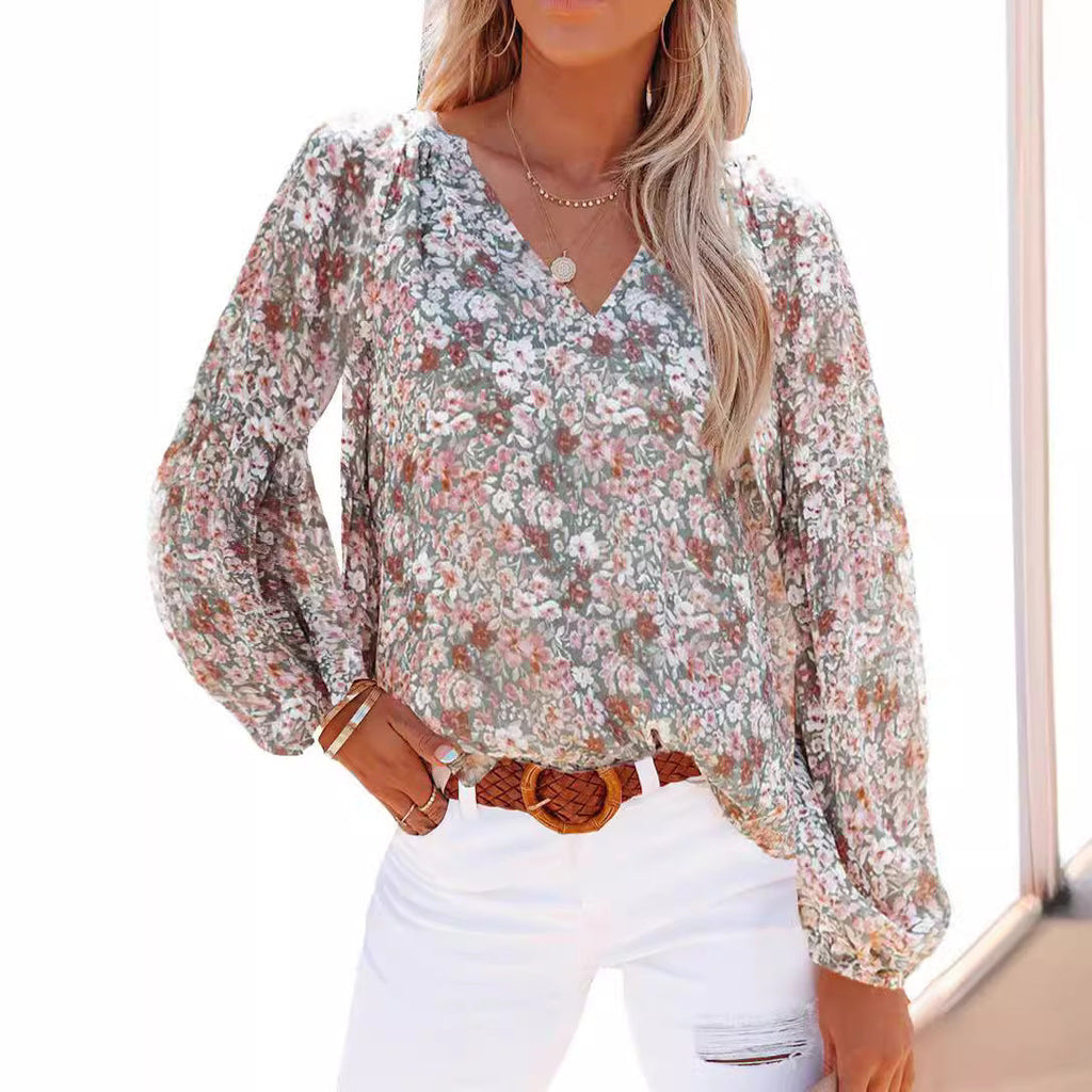 Women's Floral Blouse with V-Neck
