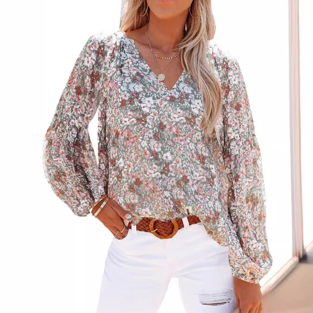 Women's Floral Blouse with V-Neck