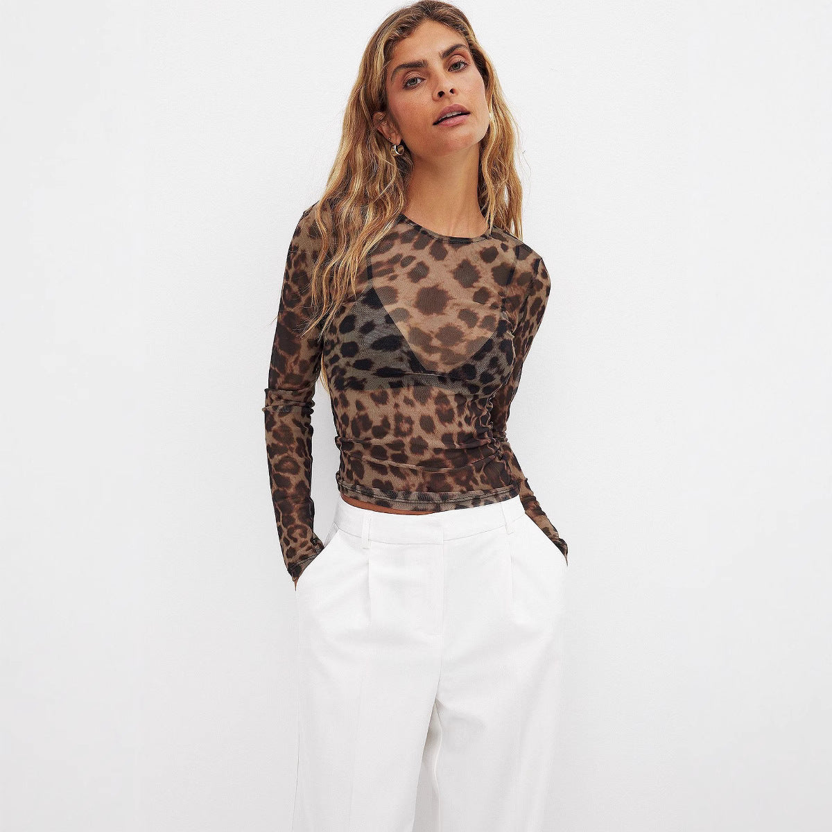 Women's Long-Sleeve Sheer Leopard Print Shirt