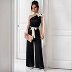Elegant Women's Jumpsuit with Asymmetric Neckline and Decorative Waist Belt