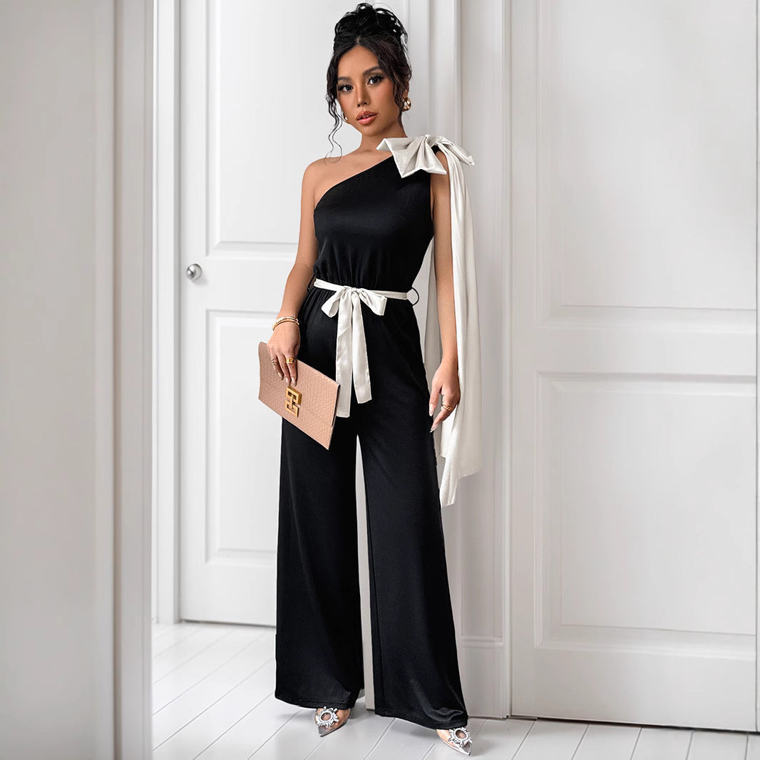 Elegant Women's Jumpsuit with Asymmetric Neckline and Decorative Waist Belt