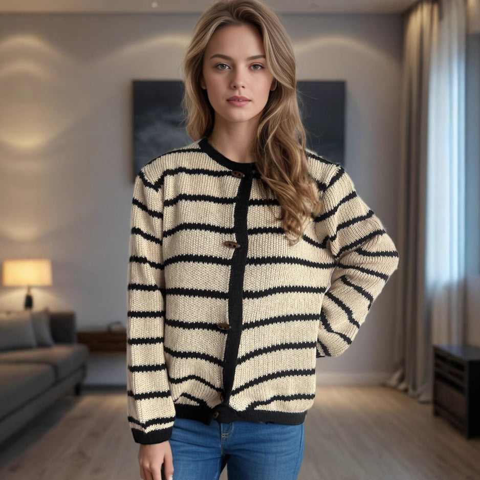 Women's Striped Cardigan with Wooden Buttons