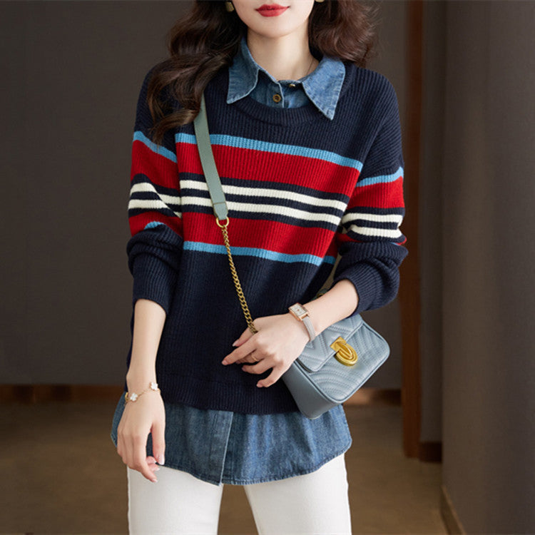 Women's Striped Knit Sweater with Casual Fit