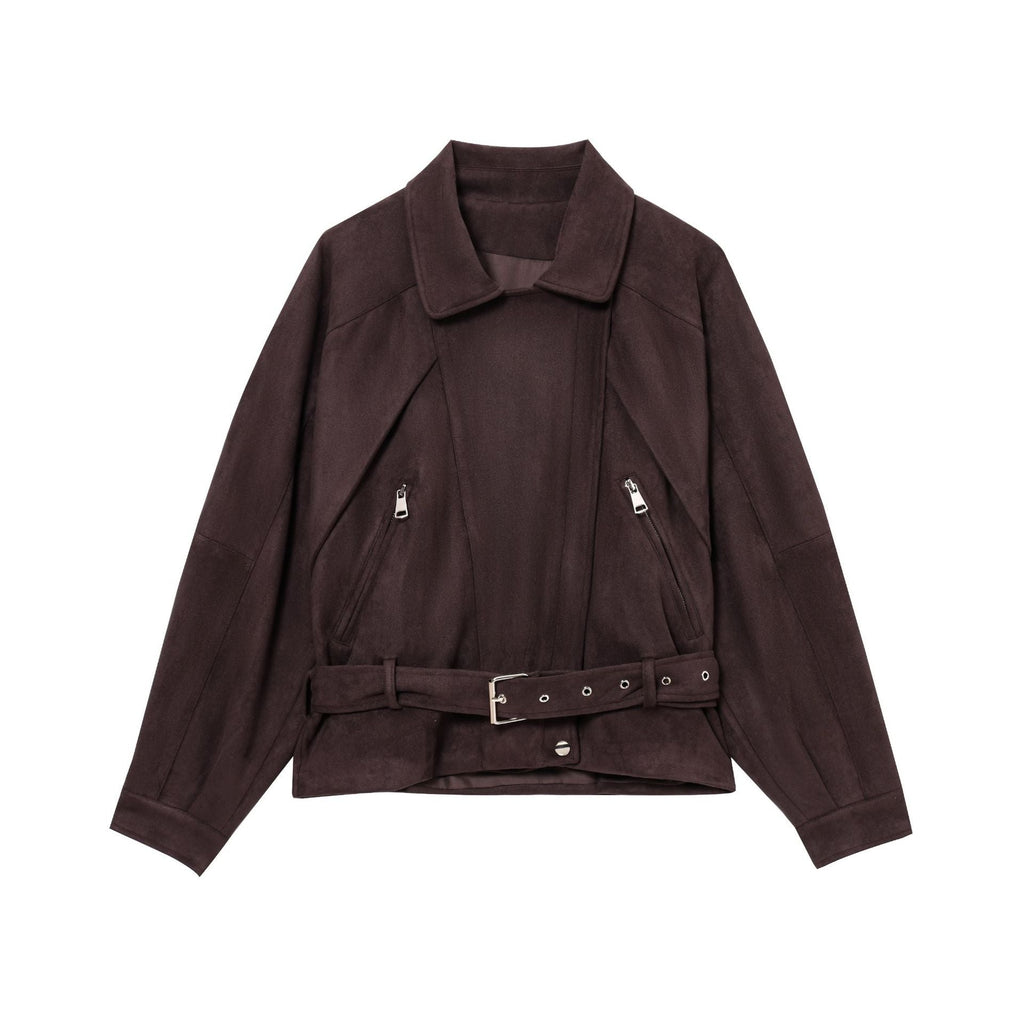 Elegant Suede Jacket with Zippers and Waist Belt