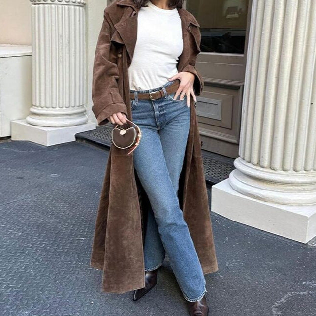 Women's Elegant Suede Trench Coat with Tailored Fit and Detachable Belt