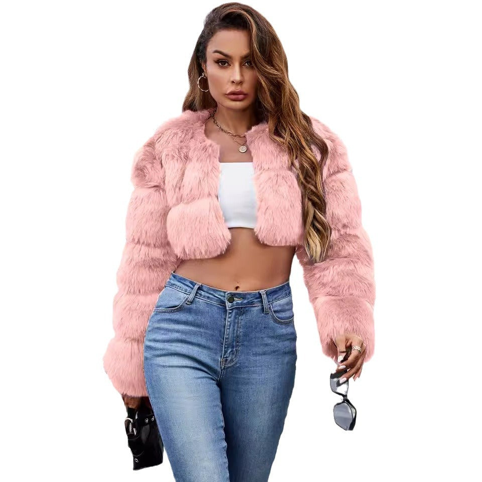 Women's Fluffy Faux Fur Short Coat with Puff Sleeves
