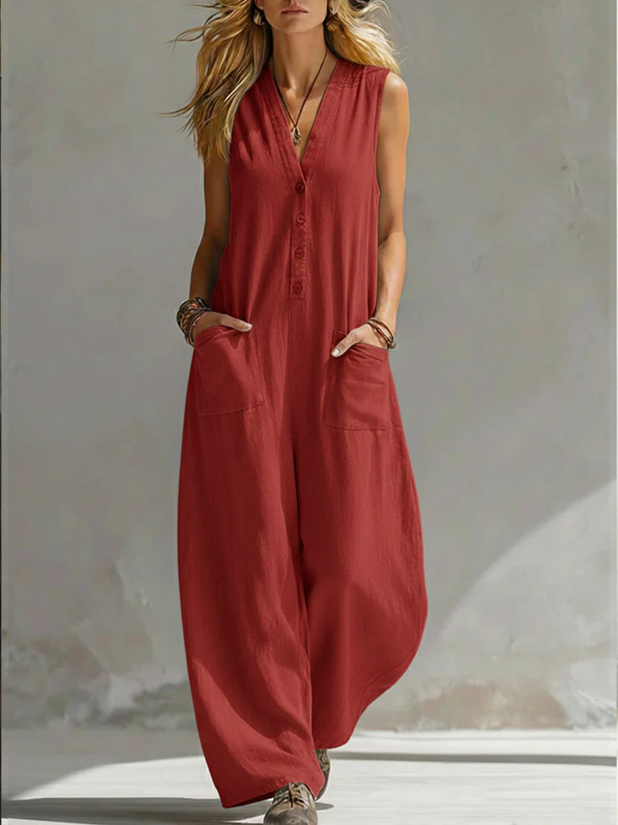 Women's Jumpsuit with Deep V-Neck and Pockets