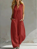 Women's Jumpsuit with Deep V-Neck and Pockets