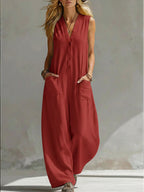 Women's Jumpsuit with Deep V-Neck and Pockets
