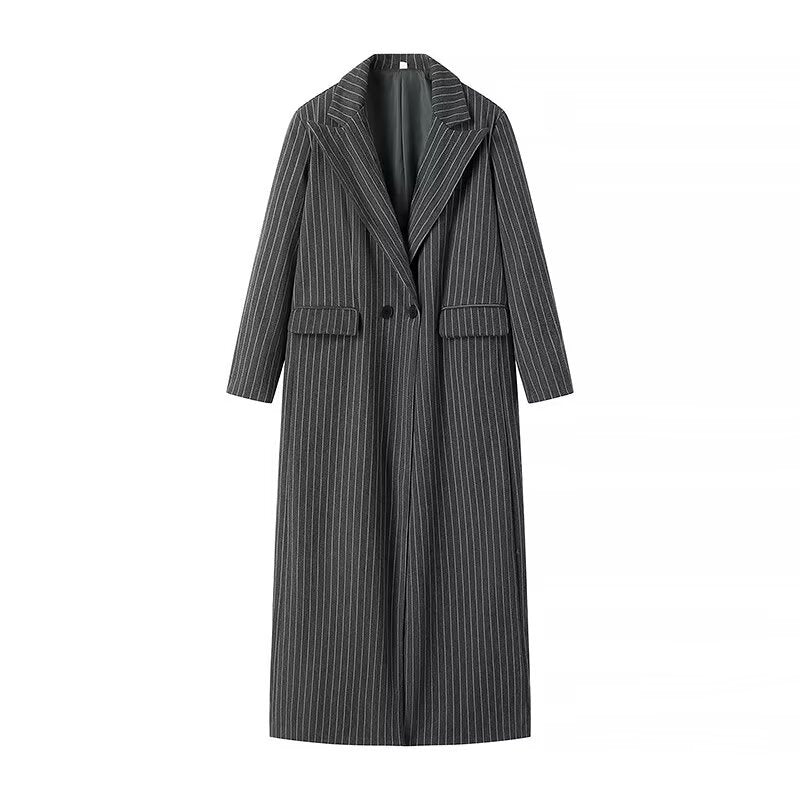 Women's Elegant Striped Long Blazer with Double-Breasted Button Closure and Side Pockets