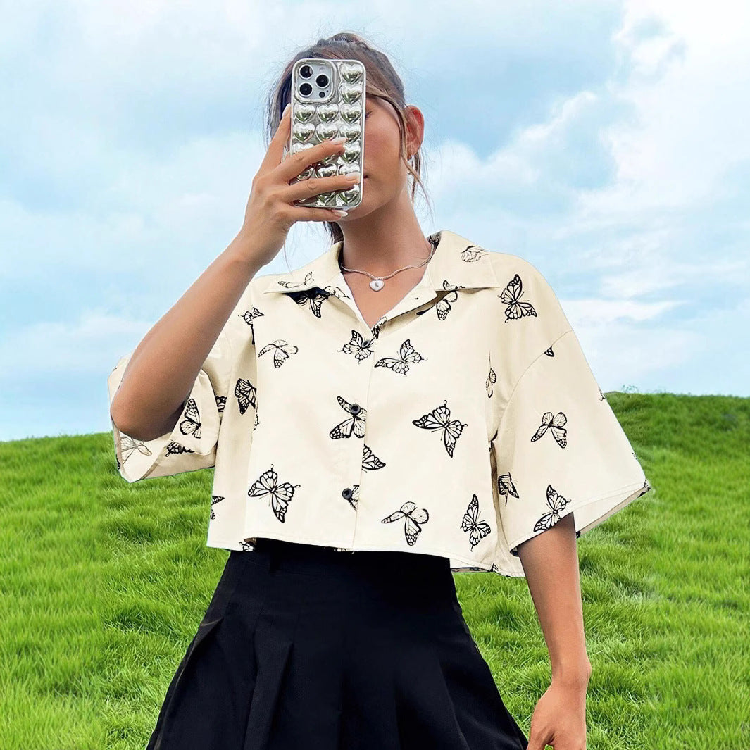 Women's Short Sleeve Shirt with Butterfly Print