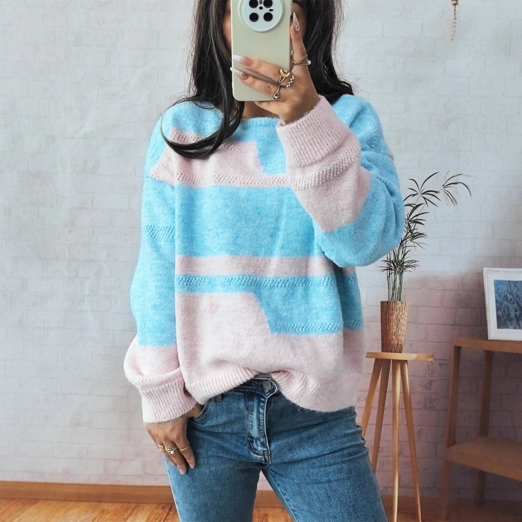 Women's Chunky Knit Sweater with Striped Pattern and Wide Cut