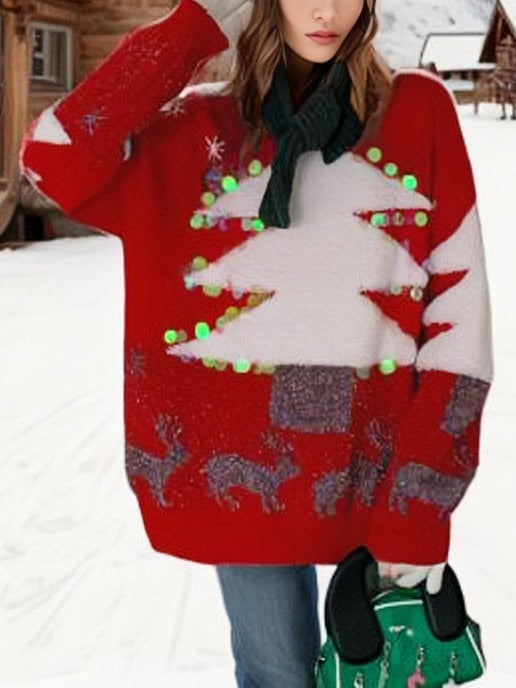 Women's Festive Christmas Sweater with Glittering Reindeer Design