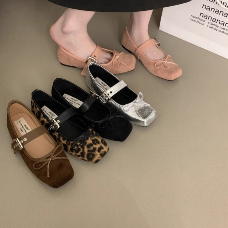 Women's Soft Suede Ballet Flats with Adjustable Strap and Decorative Bow