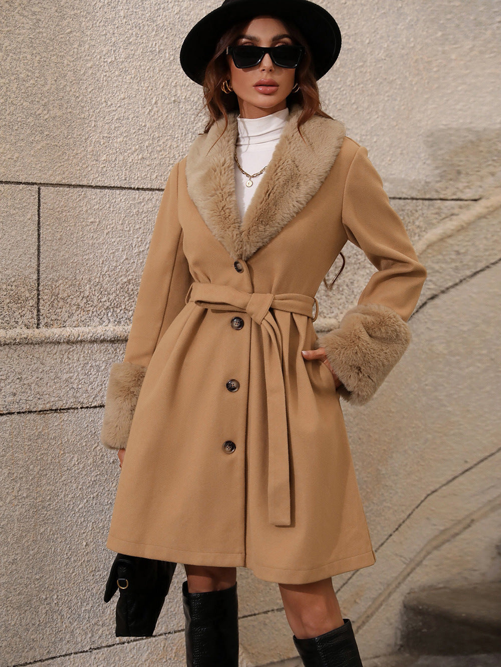 Elegant Transitional Jacket with Soft Collar and Tie Belt