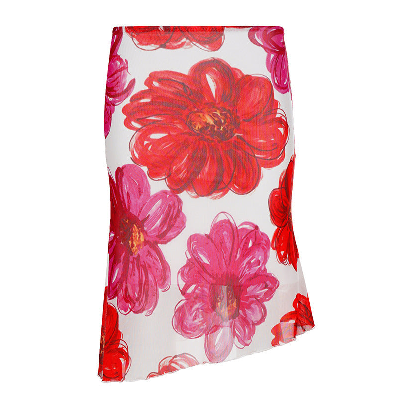 Women's Floral Maxi Skirt with Asymmetrical Hem and Elastic Waistband