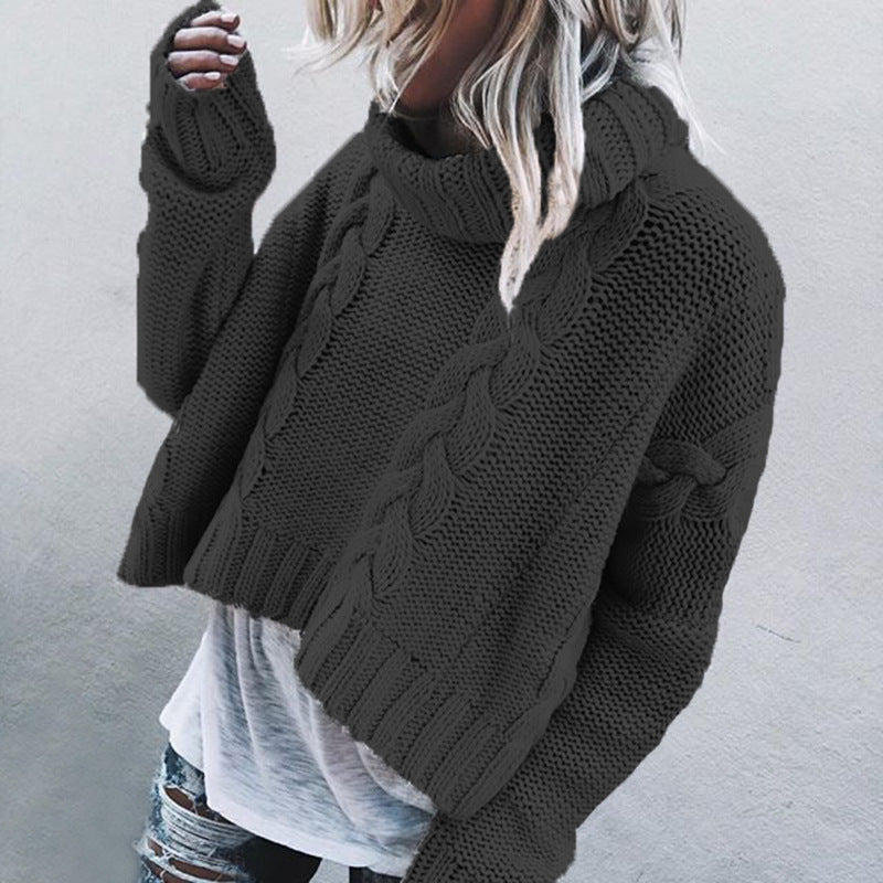 Women's Chunky Knit Sweater with High Collar and Cable Design