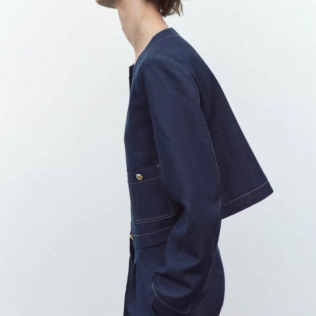 Women's Cropped Denim Jacket with Patch Pockets and Button Details