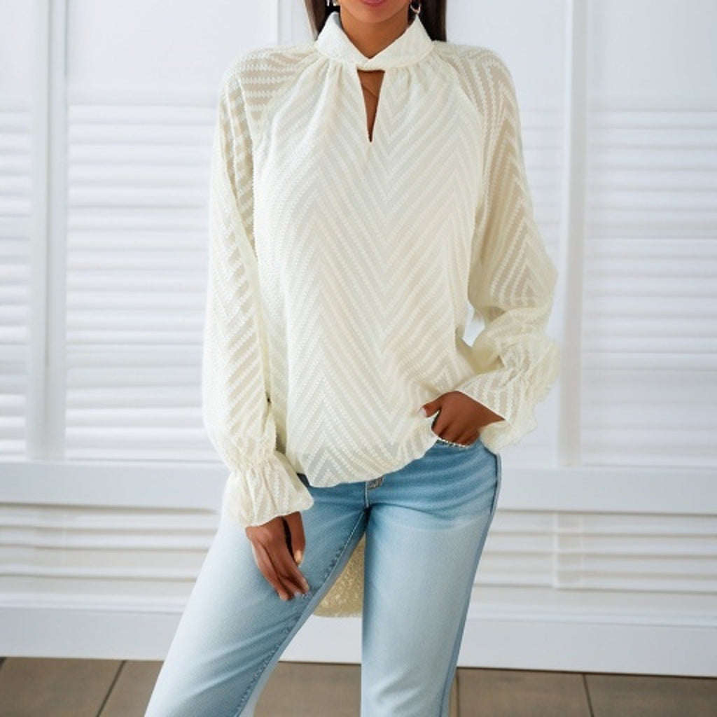 Women's Elegant Blouse with Sheer Sleeves and Decorative Stand-Up Collar