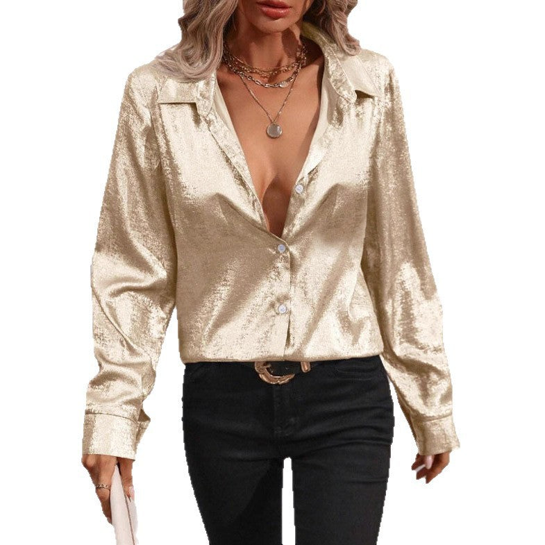 Elegant Metallic Long-Sleeve Blouse