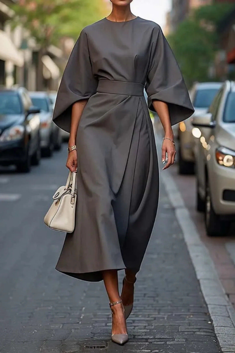 Women's Elegantly Cut Maxi Dress with Puff Sleeves and Fitted Belt