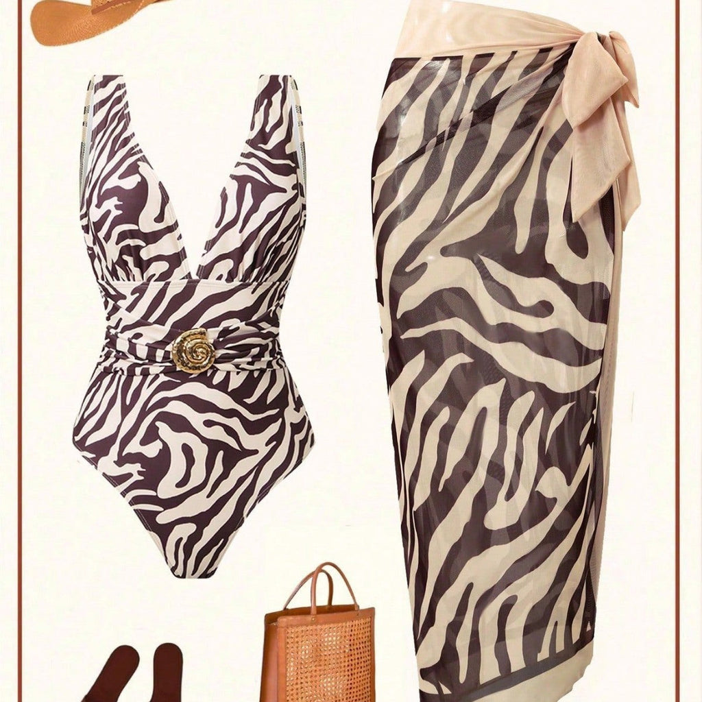 Women's Elegant V-Neck Beachwear Set with Belt