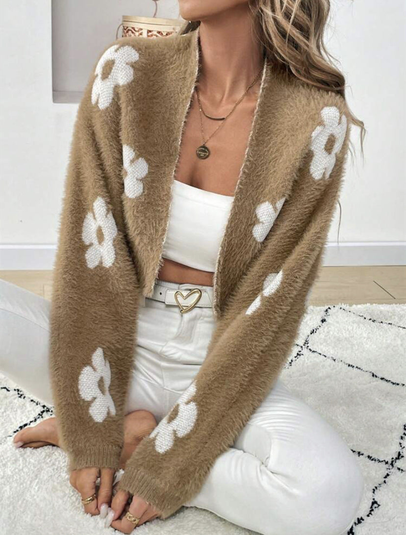 Women's Fluffy Cardigan with Floral Pattern