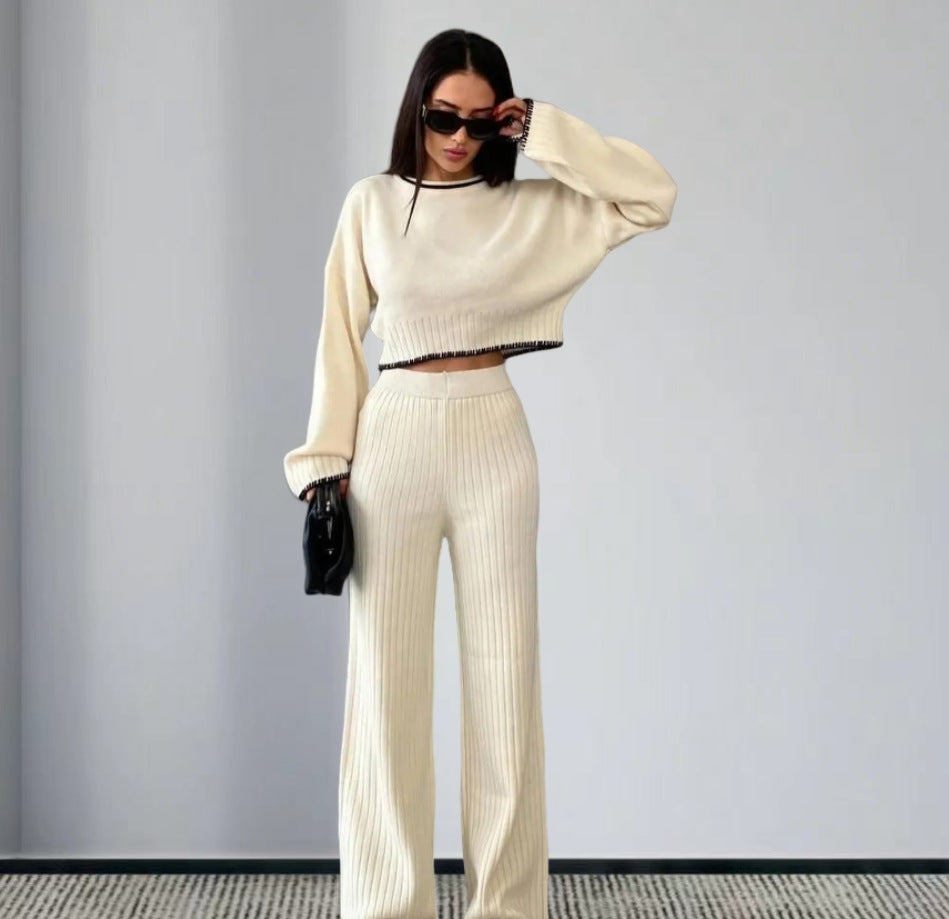 Elegant Knit Suit with Wide-Leg Trousers