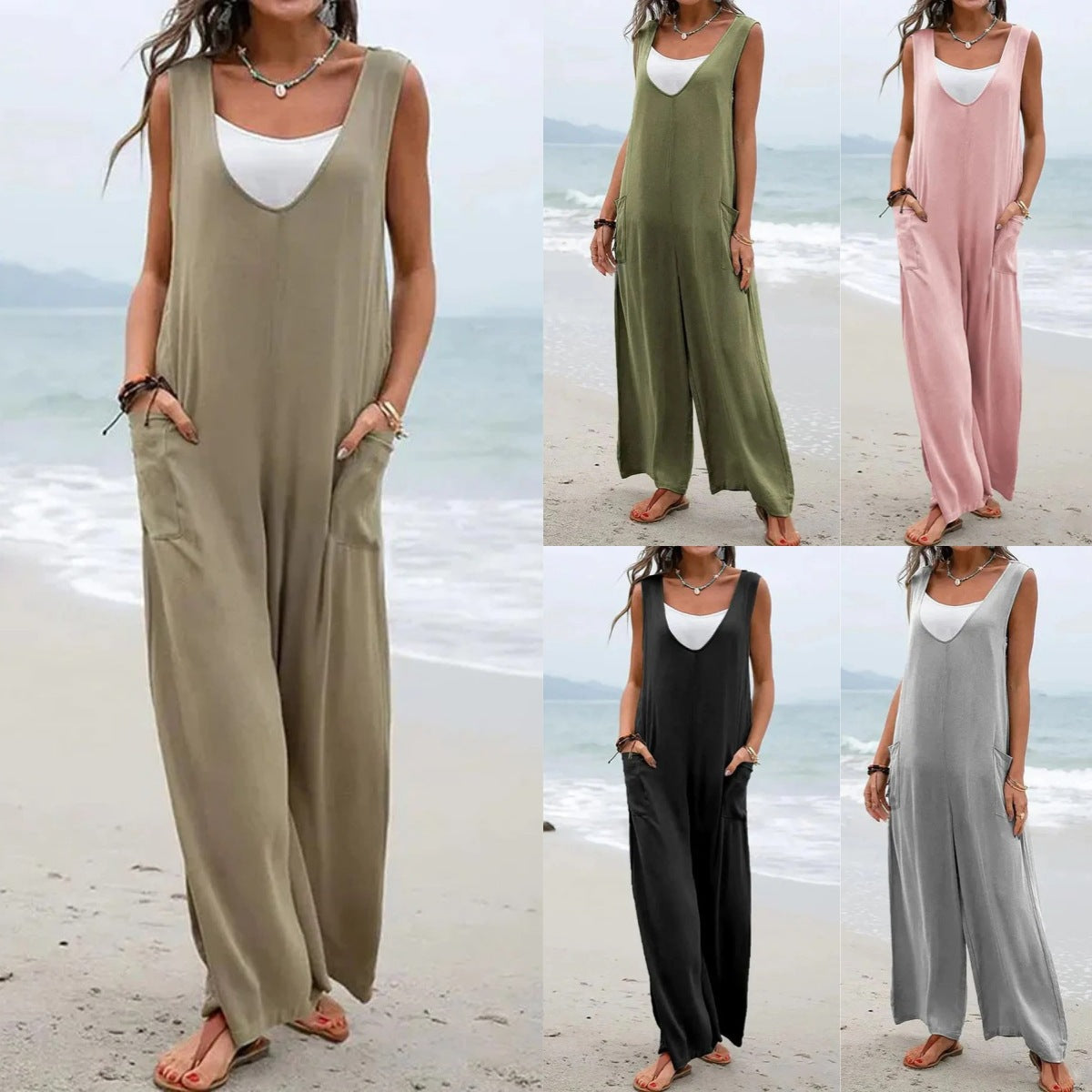 Women's Casual Wide-Leg Jumpsuit with Pockets