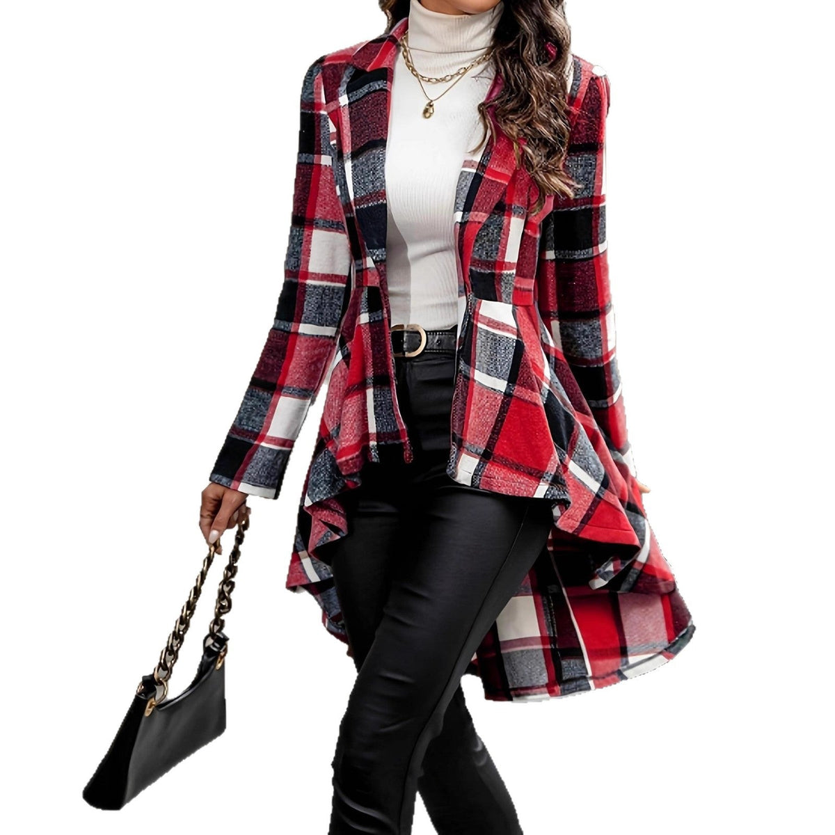 Elegant and Flowing Plaid Jacket with Asymmetric Hem