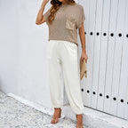 Women's Casual Knit Top with Practical Chest Pocket and Comfortable Baggy Pants