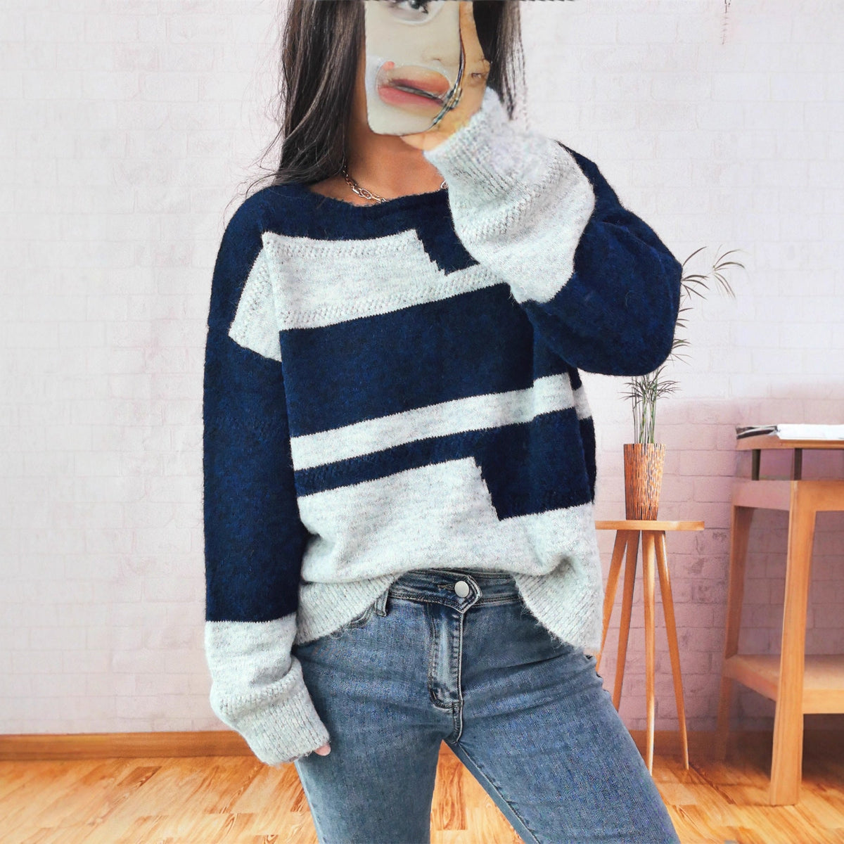 Women's Chunky Knit Sweater with Striped Pattern and Wide Cut