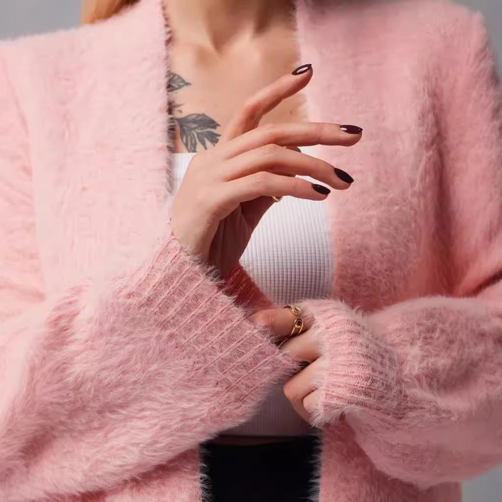 Women's Fluffy Long Knit Coat with Side Slit and Loose Fit