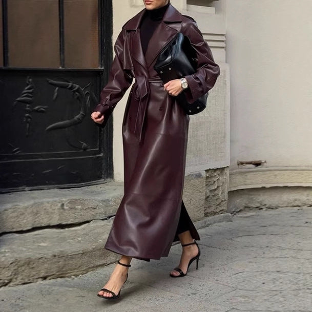 Women's Elegant Faux Leather Trench Coat with Belt and Pockets