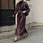 Women's Elegant Faux Leather Trench Coat with Belt and Pockets