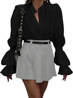 Women's Blouse with Elegant Puff Sleeves and Timeless Stand-Up Collar