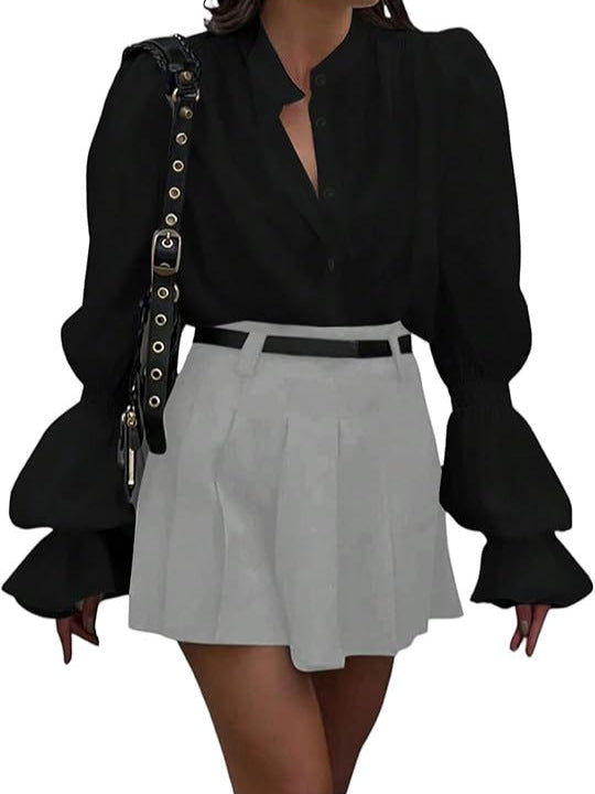 Women's Blouse with Elegant Puff Sleeves and Timeless Stand-Up Collar