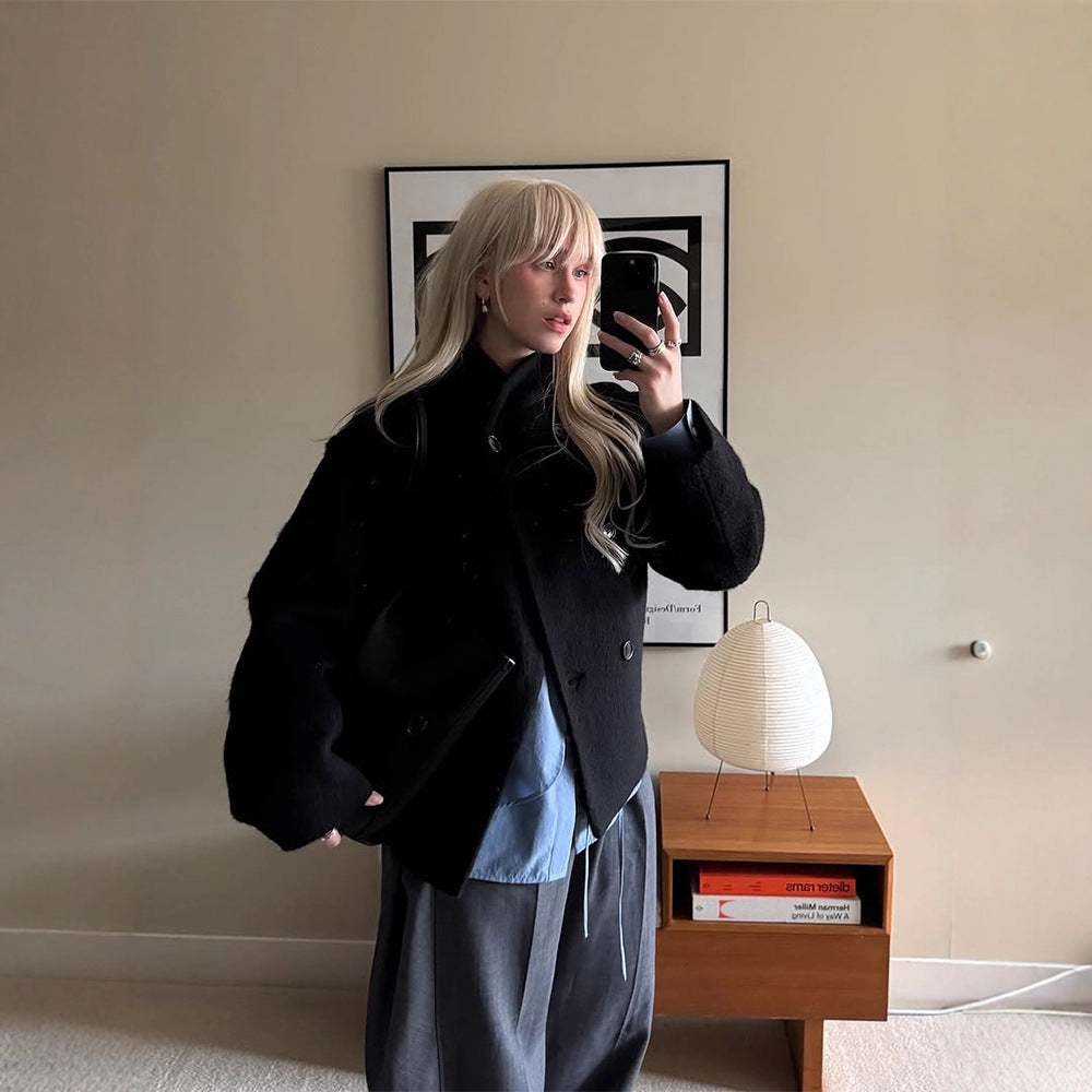 Women's Cozy Wool Jacket with High Collar and Button Details